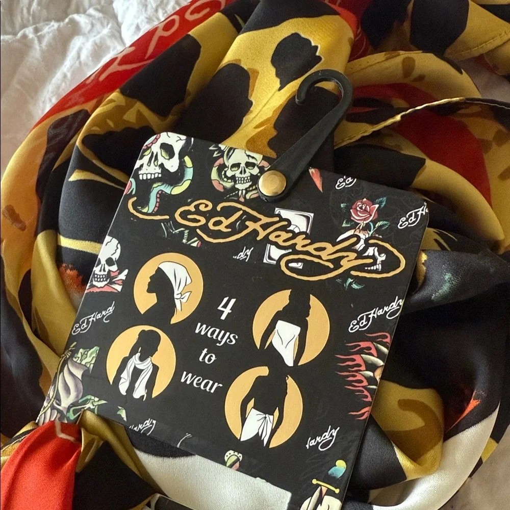 NWT Ed Hardy  Leopard Skull Scarf  Y2K Edgy Leopard Print Wrap 4 Way Wear OS